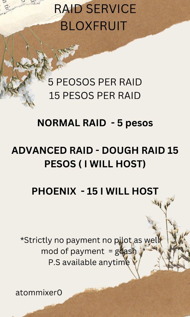 Bloxfruit Raid service, very cheap! (Category: In-Game Products) located in Malabon City. Submitted by atommixer055143 (Listing ID 1280536117, Image 1). Description: basic instructions before doing raid, payment first!! and we will do the raid!.
