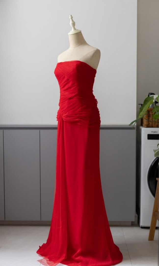 Red strapless online evening gown