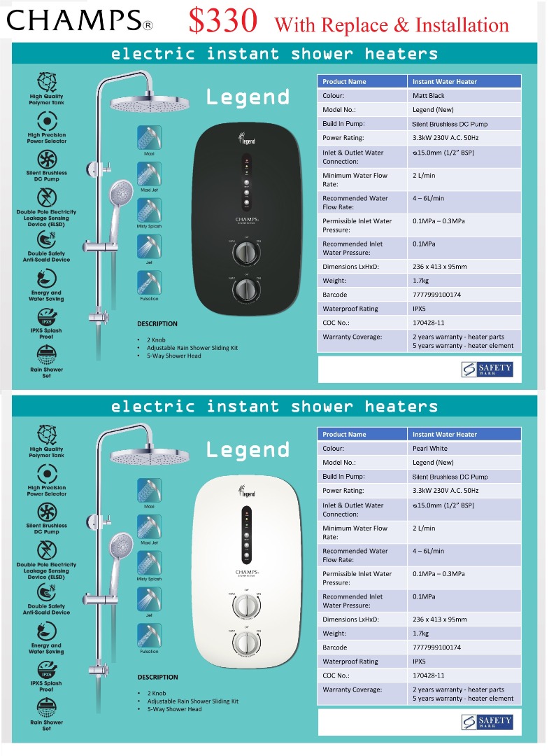 Champs/Legend/instant water heater/rain shower/With Installation/Build