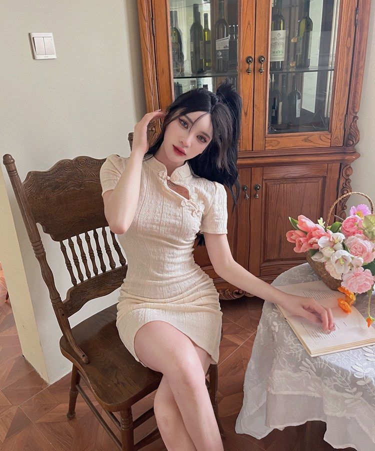Cream White Knit Cheongsam Mini Dress Women s Fashion Dresses