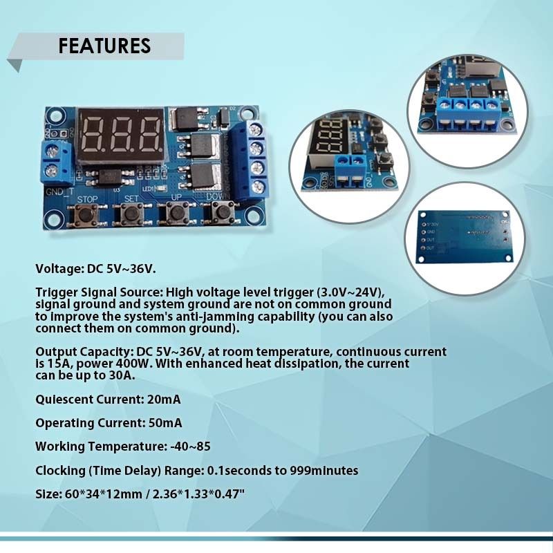 DC 5-36V DIGITAL LED RELAY BOARD DUAL-MOS TRIGGER CYCLE TIMING CIRCUIT SWITCH TIMER DELAY MODULE (Category: Electrical, Adaptors & Sockets) located in Quezon City. Submitted by besteinpc (Listing ID 1278511184, Image 2). Description: DC 5-36V DIGITAL LED RELAY BOARD DUAL-MOS TRIGGER CYCLE TIMING CIRCUIT SWITCH TIMER DELAY MODULE FEATURES: 👉Voltage: DC 5V~36V. 👉Trigger Signal Source: High voltage level trigger (3.0V~24V), signal ground and syste