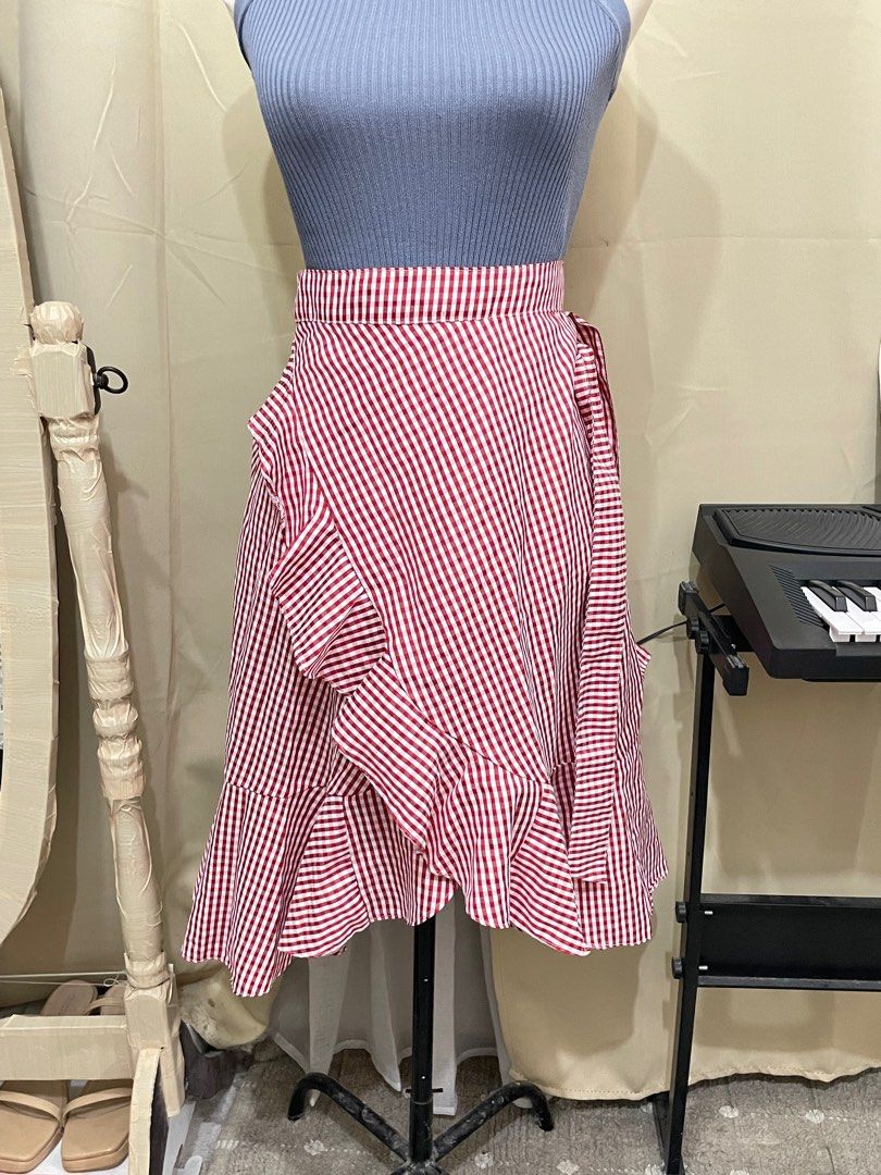 Gingham Red Wrap Around Skirt, Women's Fashion, Bottoms, Skirts on
