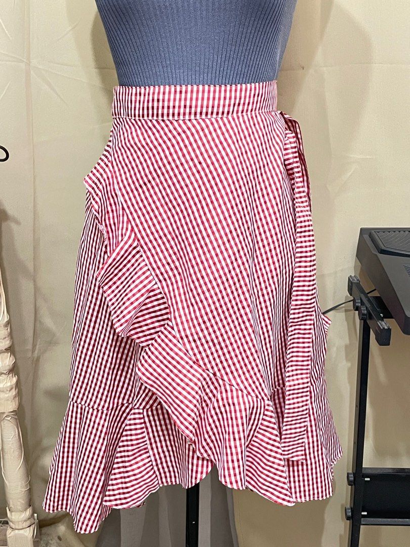 Gingham Red Wrap Around Skirt, Women's Fashion, Bottoms, Skirts on