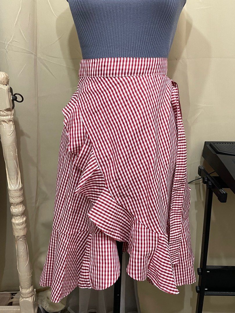Gingham Red Wrap Around Skirt, Women's Fashion, Bottoms, Skirts on