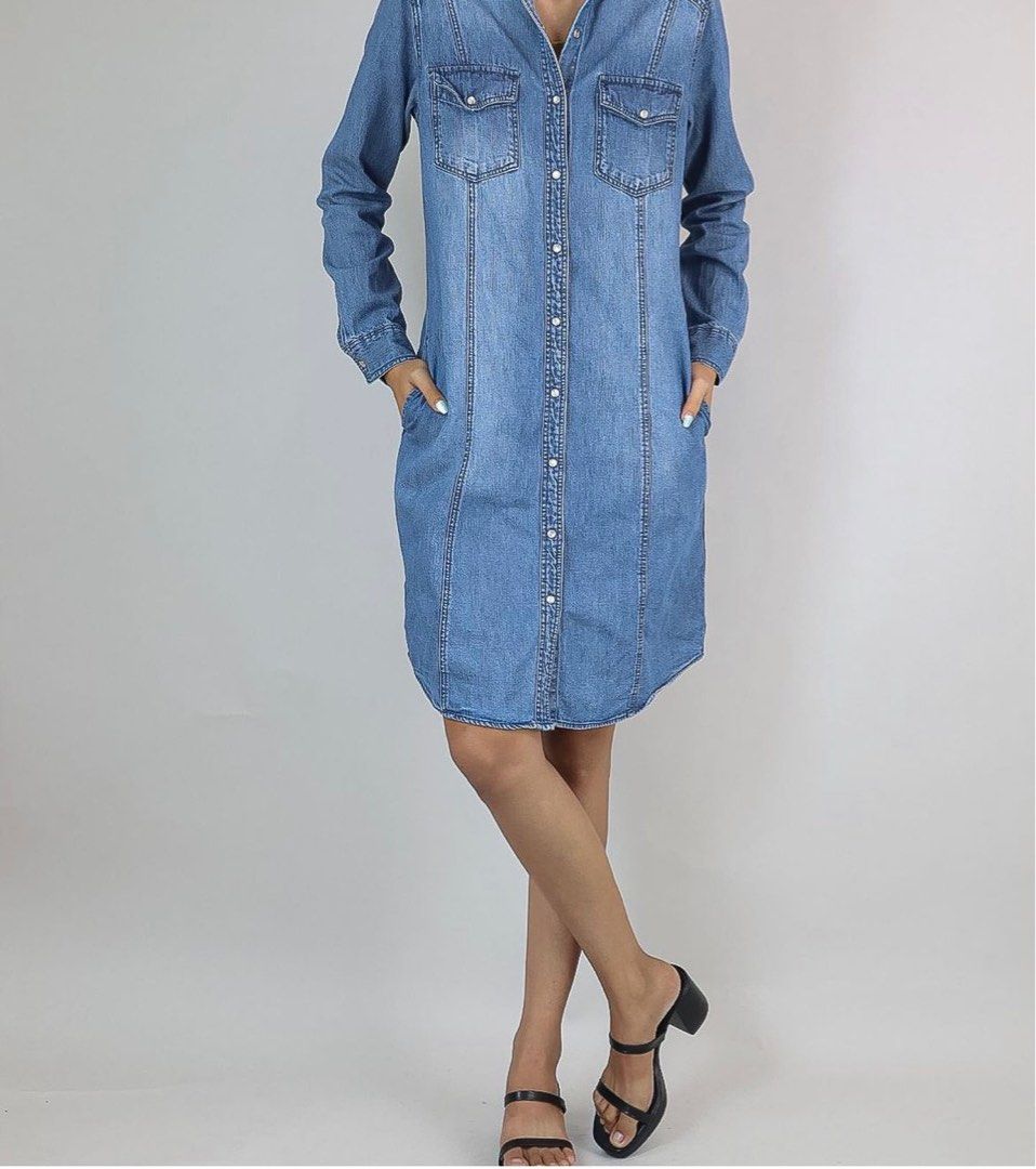 gu denim dress Women's Light Denim Work Shirt Dress | Short