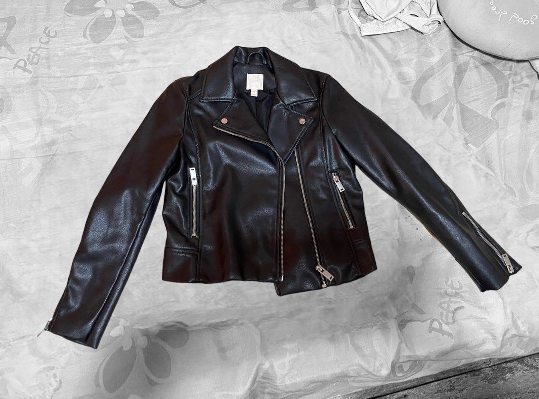 H&M BLACK LEATHER JACKET, Women's Fashion, Coats, Jackets and Outerwear