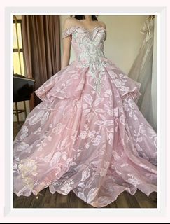 Pastel Pink Sakura Cherry Blossom Floral Print Intrinsic Beaded Design Ethereal Aesthetic Fairy Gown Dress for Birthdays Prom Debut Grad Ball Party Event