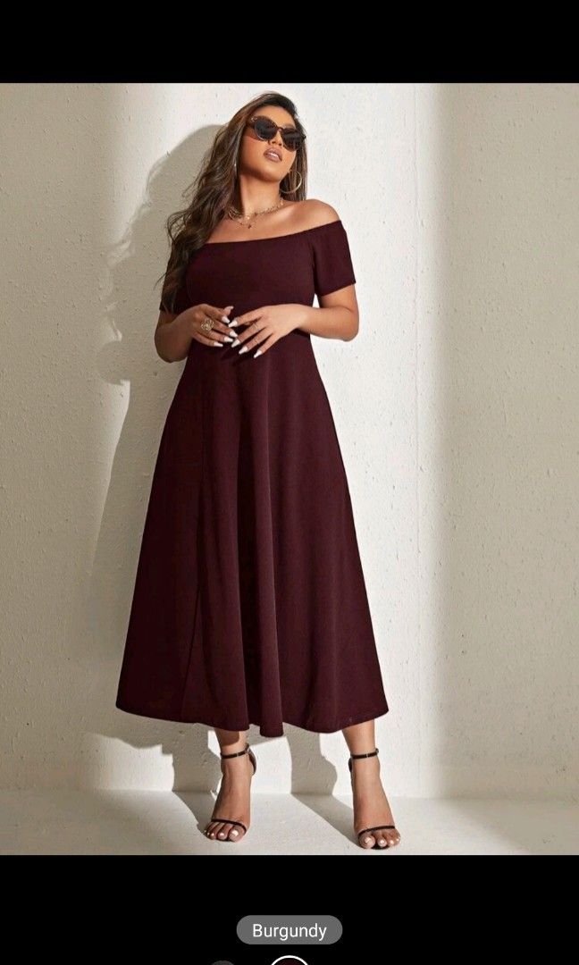PLUS SIZE SHEIN Red Off Shoulder Dress with Slit Women s Fashion