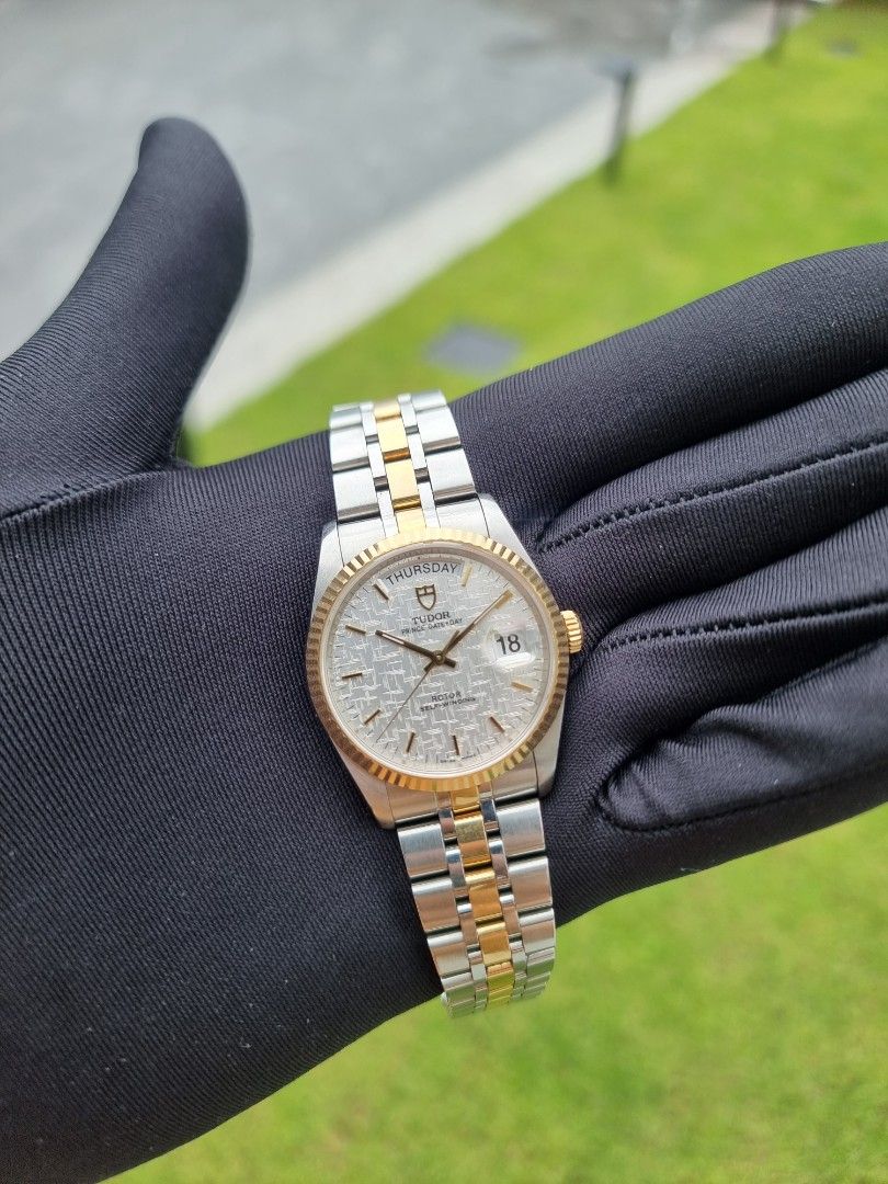 RARE] TUDOR 76213 DAY DATE HALF YELLOW GOLD WHITE LINEN DIAL