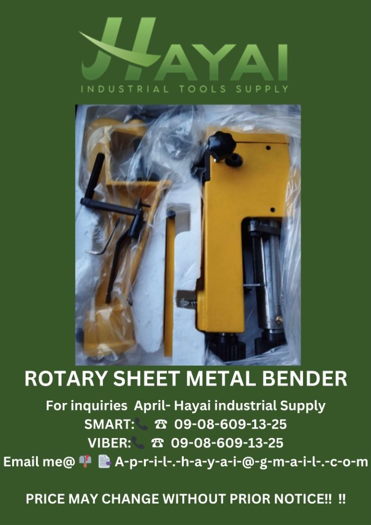 Rotary sheet metal bender (Category: Construction Tools & Equipment) located in Caloocan City. Submitted by aprilv96843328 (Listing ID 1280365710, Image 1). Description: Rotary sheet metal bender Specs: 0.8mm/22Ga PRICE: 14,000 For inquiries April- Hayai industrial Supply 📞 ☎ 0-9-0-8-6-0-9-1-3-2-5 Email me@ 📫 📑 A-p-r-i-l-.-h-a-y-a-i-@-g-m-a-i-l-.-c-o-m PRICE MAY CHANGE WITHOUT PRIOR NOTICE‼️ ‼️ .