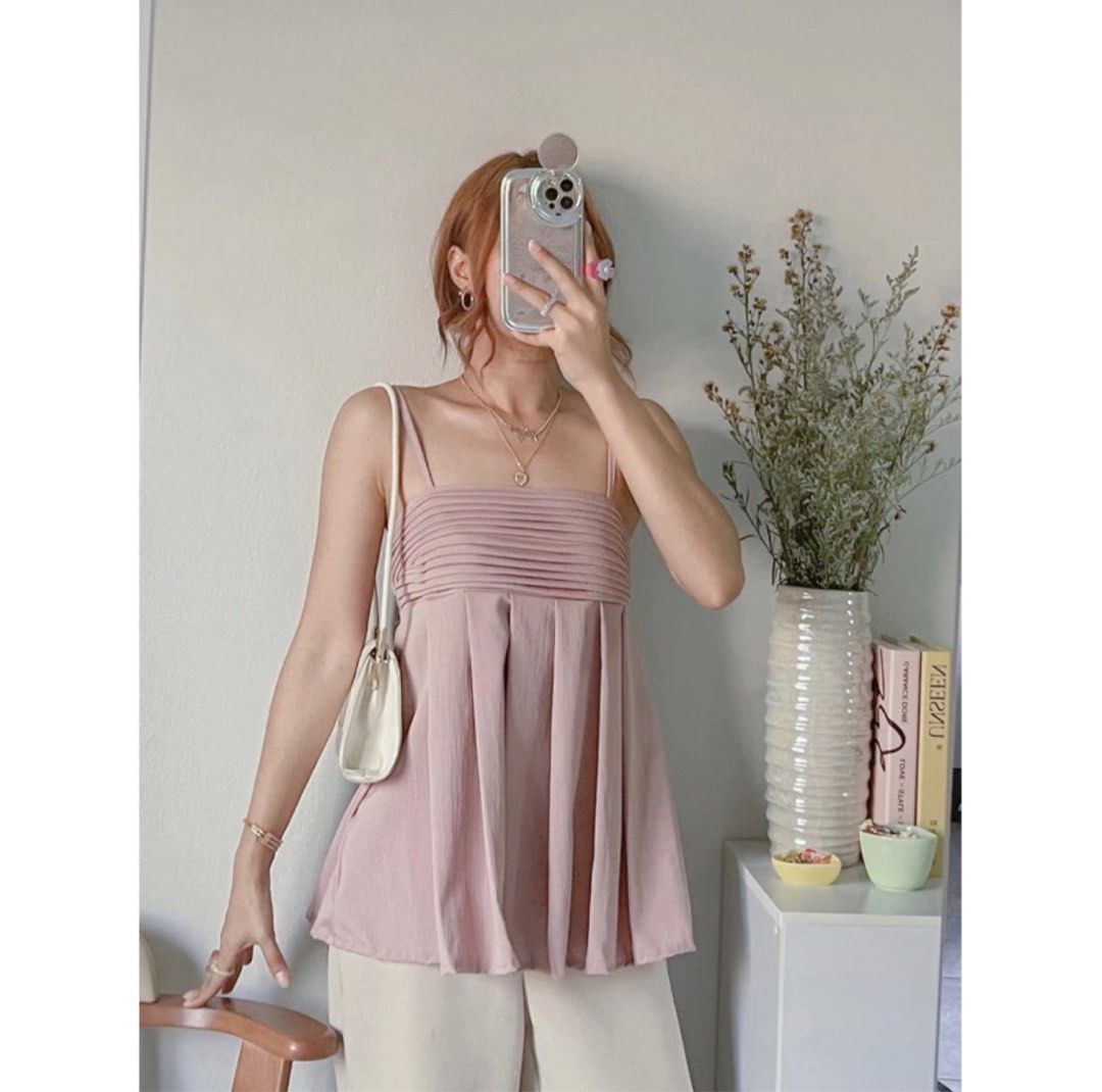 Spaghetti top single strap pleated Women s Fashion Tops Sleeveless on Carousell