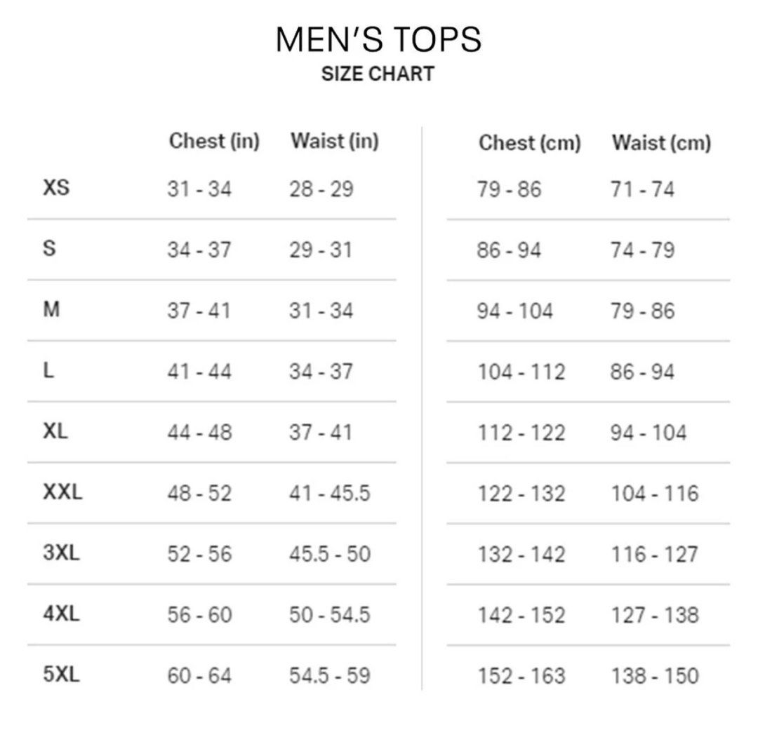 Under armor men's size chart top