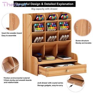 Wooden Desk Organizer, Multi-Functional DIY Pen Holder Box, Desktop Stationary, Easy Assembly