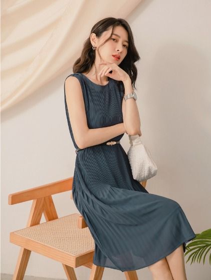 WORK WOMEN SLEEVELESS CHIFFON PLEATED MIDI DRESS S XXXL PLUS SIZE