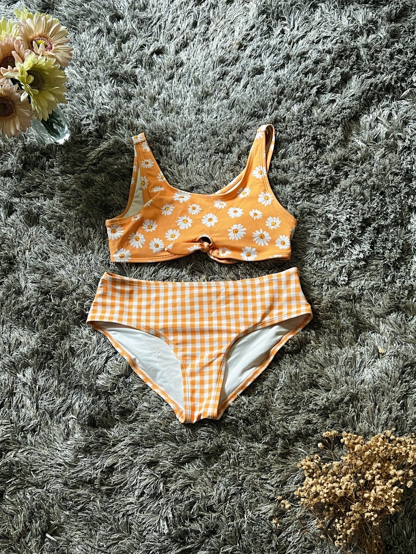 Yellow split striped daisy print low waist bikini
