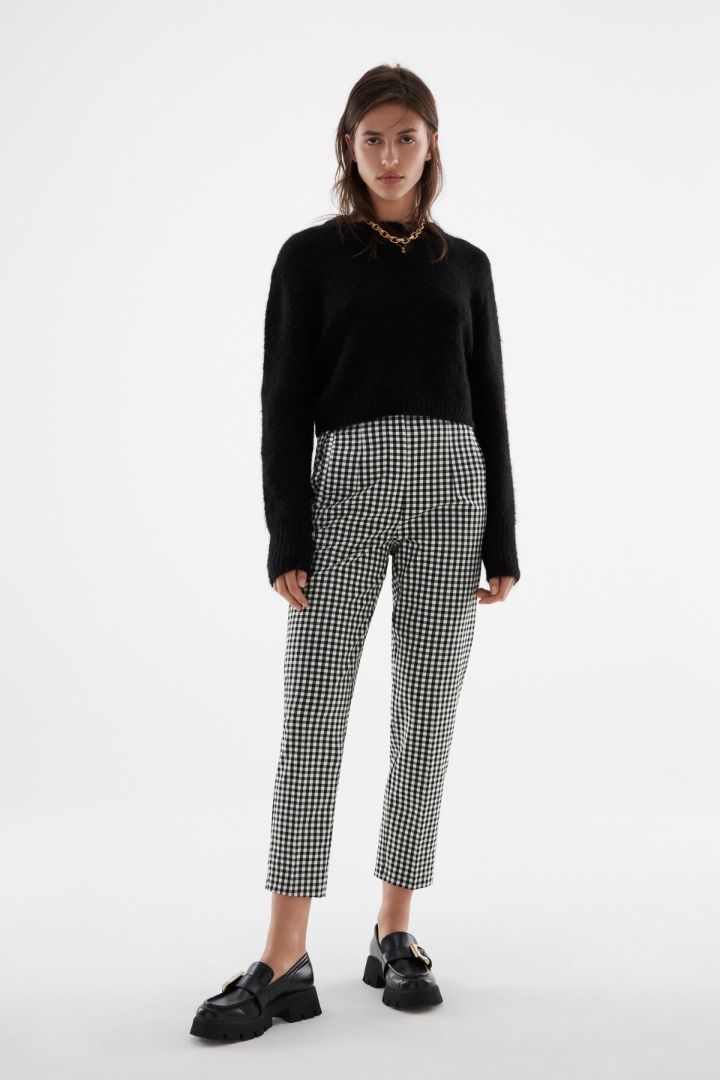 ZARA HIGH-WAIST GINGHAM TROUSERS 格紋高腰長褲1608/932/064, 女裝