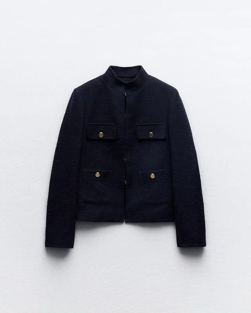 Zara textured old money navy double breasted blazer outer Jacket