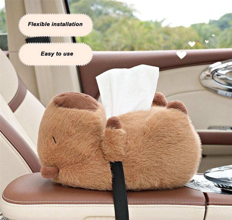 capybara tissue box Cute Cartoon Car Tissue Box Creative Short Plush Tissue  Box For Car Armrest Box Car Seat Tissue Box, Auto Accessories on Carousell