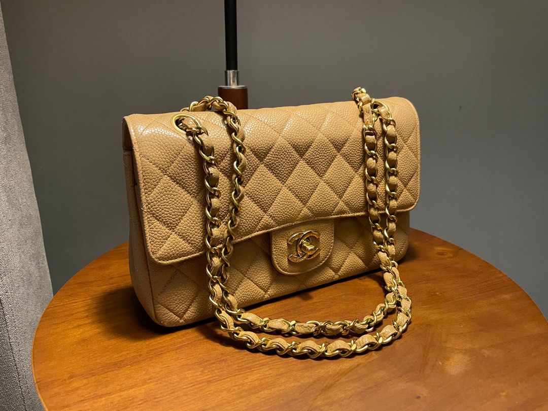 CHANEL Caviar Quilted Medium Double Flap Dark Beige Luxury Bags