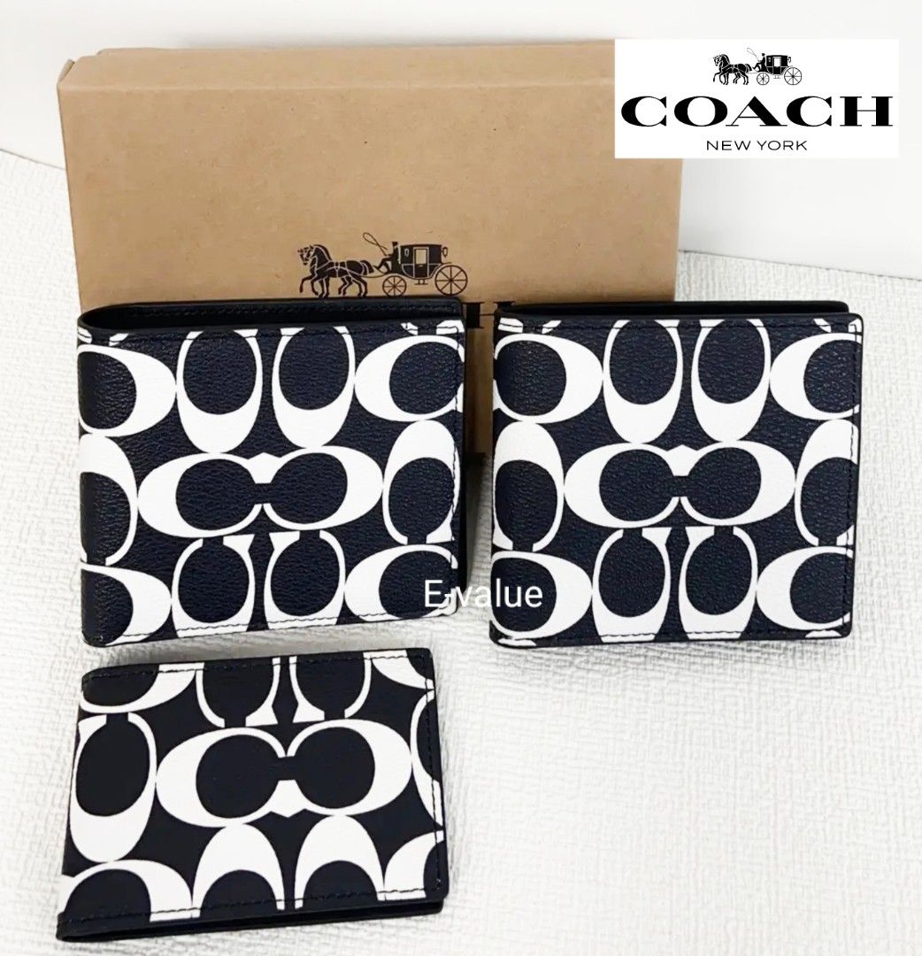 Coach Original Black With White C Signature Printed Wallet With Card Holder Without Card Holder With Coin Pocket Wallet For Men Women Come With