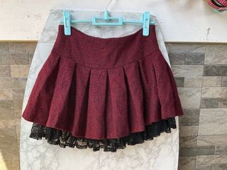 ECOLOUR Lolita Cute Lace Skirt - burgundy with glitter lace skirt with inner shorts - anime mini skirt cosplay skirt  - goth skirt tweed skirt- Size US XS petite