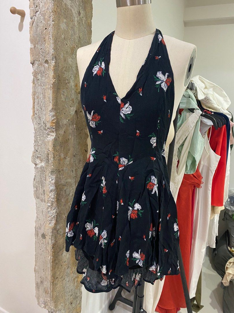 Free People floral halter romper, Women's Fashion, Dresses & Sets, Rompers  on Carousell