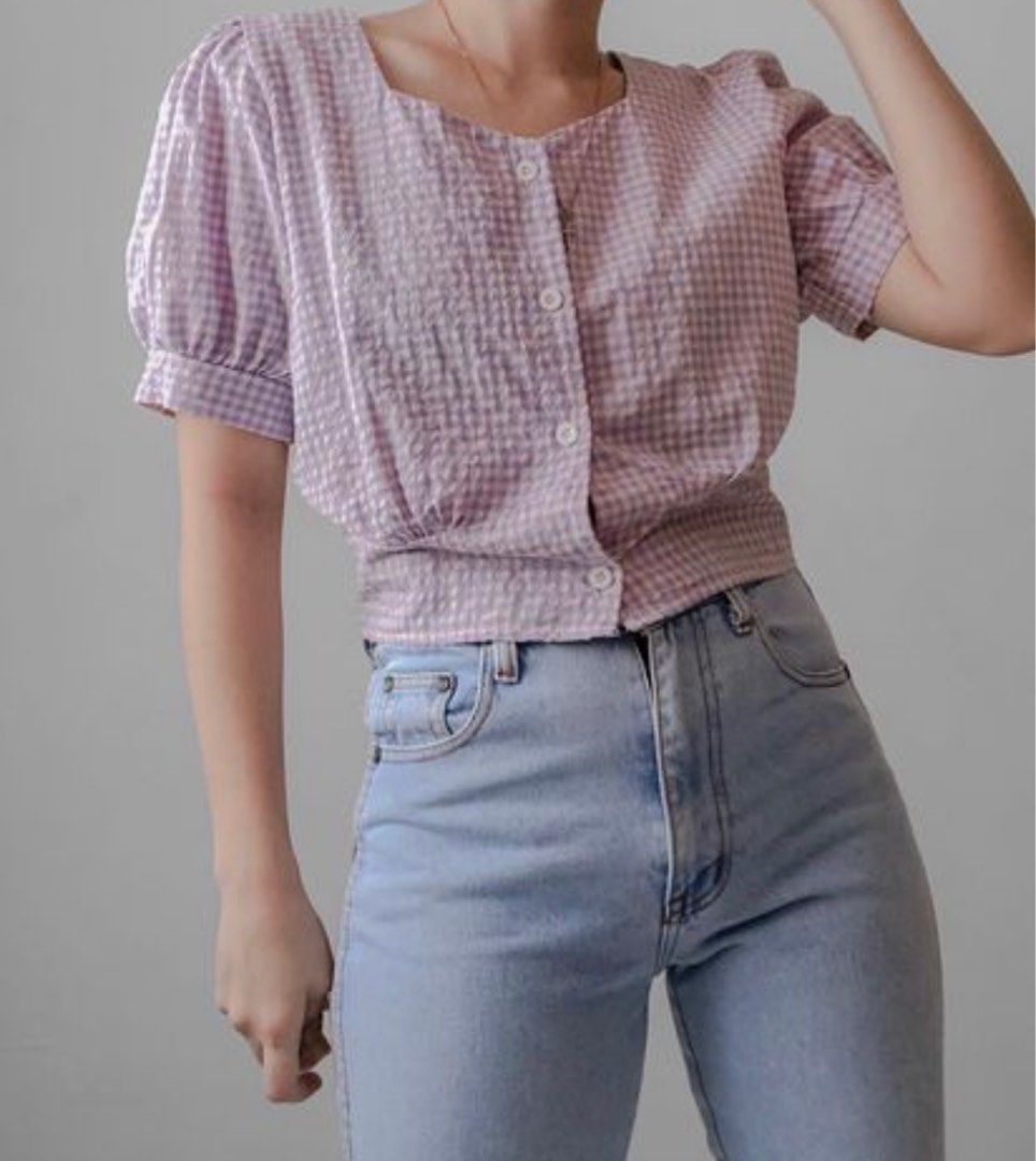 Gingham Long Sleeve Crop Top main image 1