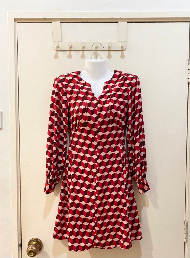 H M red printing dress long sleeves Women s Fashion Tops