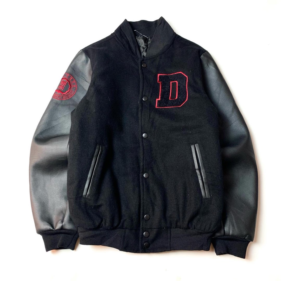 jaket varsity lengan kulit mix wool bordir dong duk w.Univ Fesyen Pria Pakaian Baju Luaran di Carousell