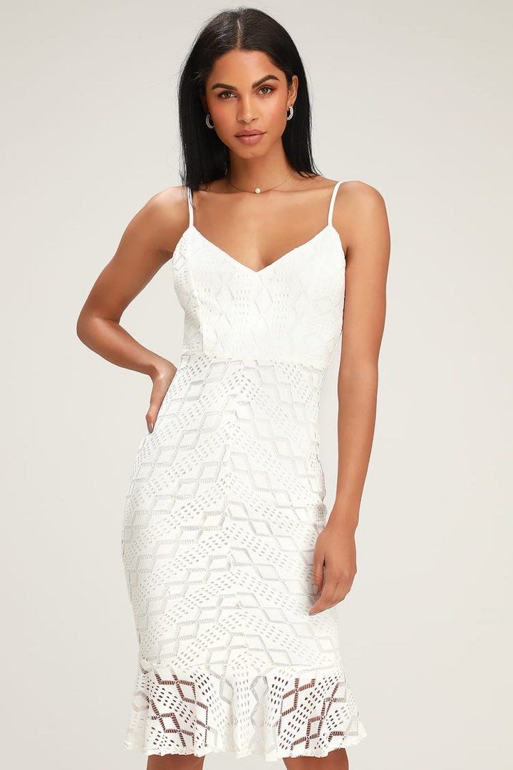 Lulus Dancing Slow White Lace Ruffled Bodycon Dress XS Women s