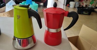 Moka pot Stove top Coffee maker (Category: Coffee Machines & Makers) located in Mandaluyong City. Submitted by cdtay (Listing ID 1280598604, Image 3). Description: 1. Pezzetti 6 cup (Dark blue, Neon green, Purple) - php 1500 each 2. Red no brand 6 cup - 900 php 3. Dark blue 1 cup - 450 php Loc ortigas.