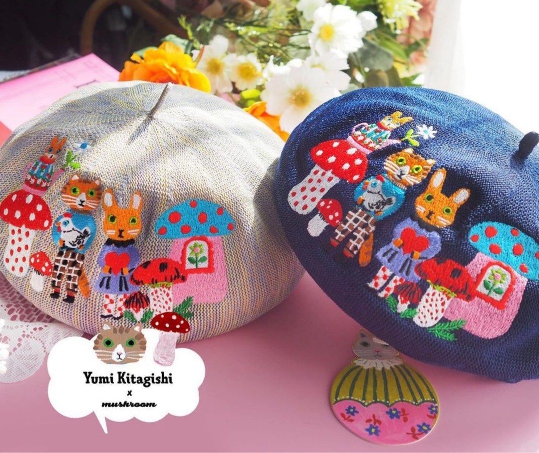 Mushroom x Yumi Kitagishi 北岸由美聯乘限定設計- 🐱🐰刺繡貝雷