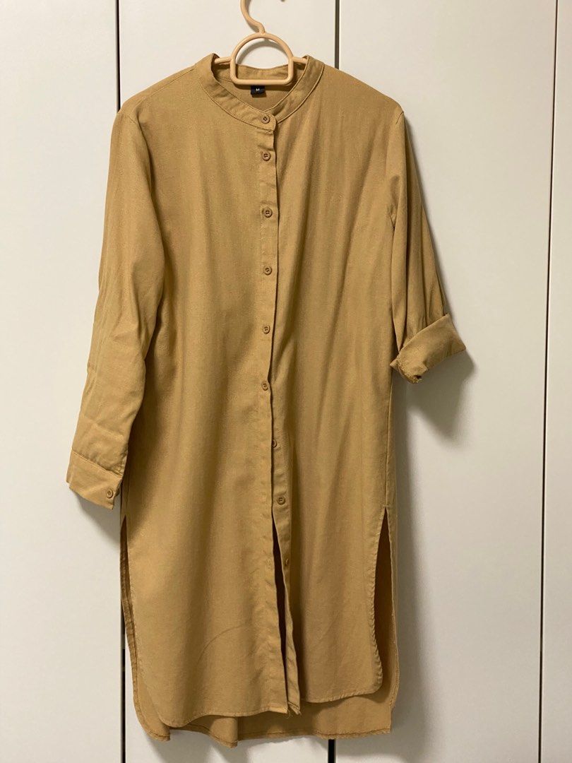 Mustard Button-down Long Sleeved Shirt Dress Slim Fit, Women's
