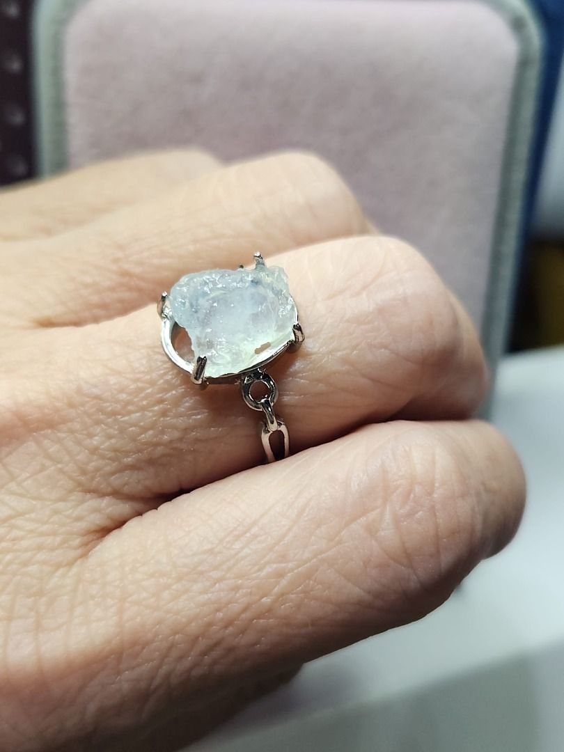 Natural Raw Ocean Blue Aquamarine Stone Silver Adjustable Ring R523
