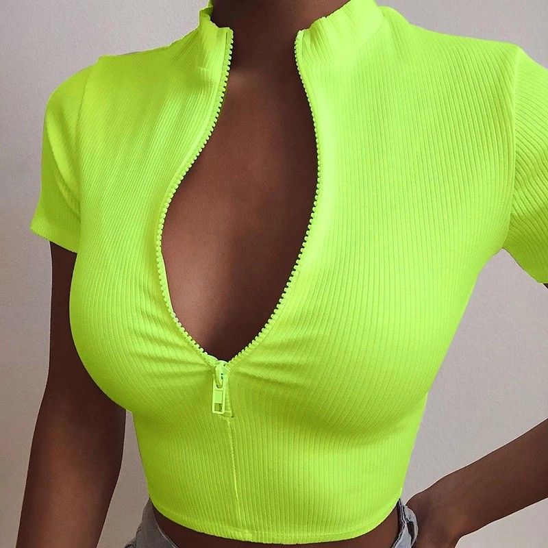 Neon crop top zip crop top turtle neck top