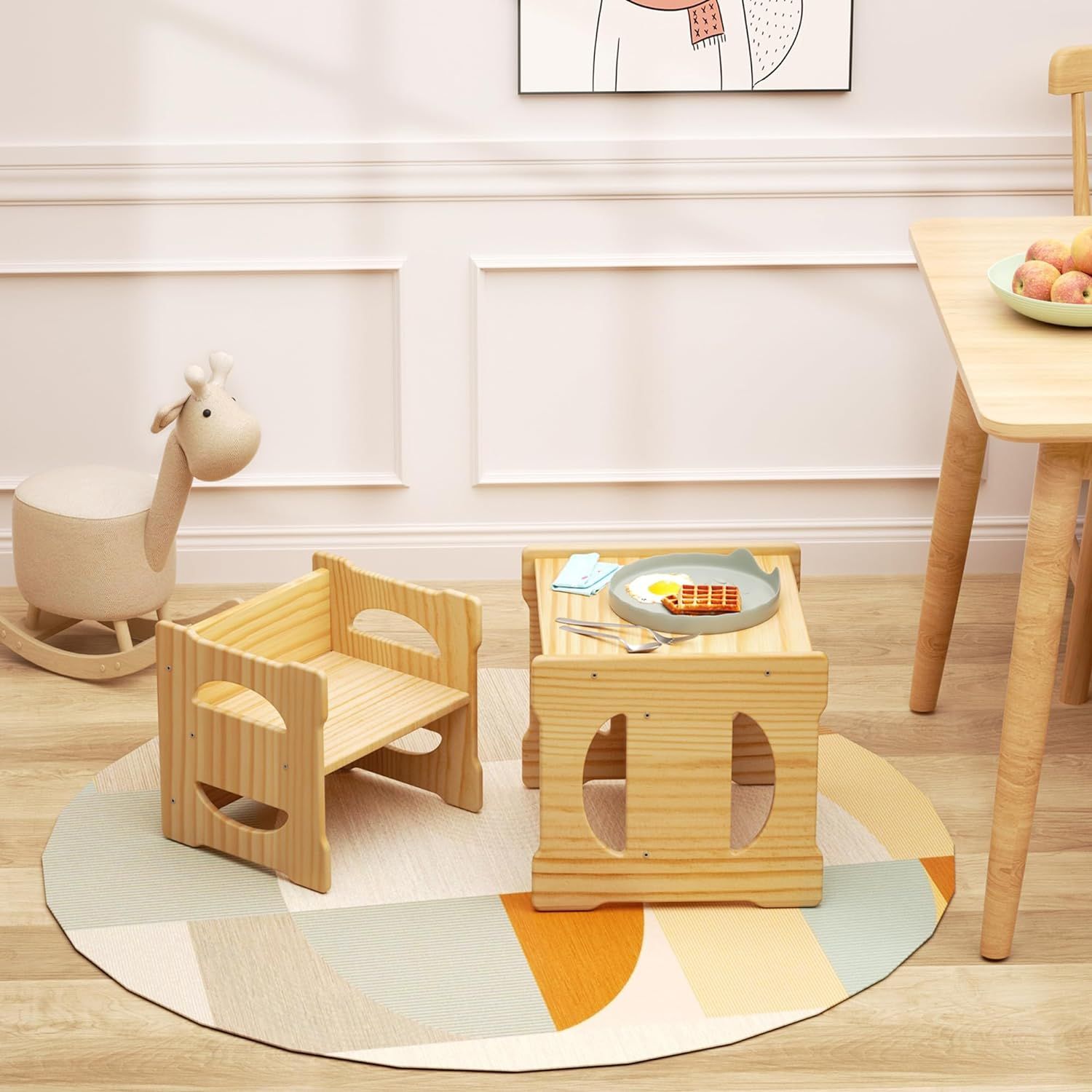 NOVGOBHOT Montessori Weaning Table and Chair Real Hardwood Desk for Toddler Reading Snack Time Playroom Activity Cube Step Stool 1 3 Year Old Kids