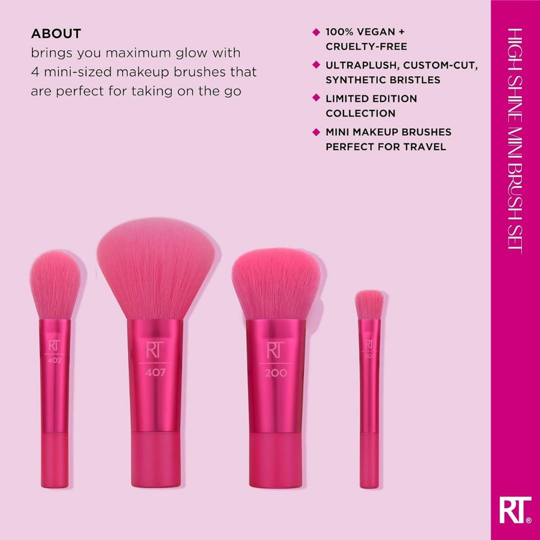 REAL TECHNIQUES High Shine Mini Brush Set (Category: Makeup) located in Quezon City. Submitted by happyfactoryph (Listing ID 1149601701, Image 2). Description: REAL TECHNIQUES High Shine Mini Brush Set – P1390 (from P3000) ⁣ Product Details: The Real Techniques High Shine Mini Brush Set brings you the gift of maximum glow with 4 mini-sized makeup brushes that are perfect for taking on the go. The makeup brush kit includes the 402 Mini Setting Bru