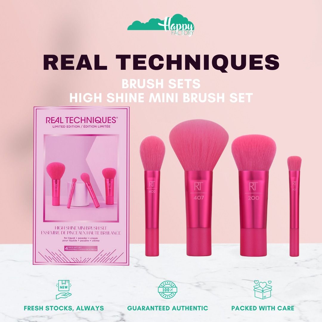 REAL TECHNIQUES High Shine Mini Brush Set (Category: Makeup) located in Quezon City. Submitted by happyfactoryph (Listing ID 1149601701, Image 1). Description: REAL TECHNIQUES High Shine Mini Brush Set – P1390 (from P3000) ⁣ Product Details: The Real Techniques High Shine Mini Brush Set brings you the gift of maximum glow with 4 mini-sized makeup brushes that are perfect for taking on the go. The makeup brush kit includes the 402 Mini Setting Bru