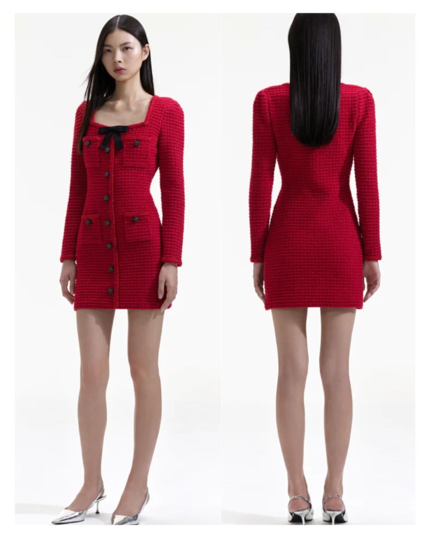 SELF-PORTRAIT | RED KNIT BOW ROUND NECK MINI DRESS, Women's Fashion, Dresses  & Sets, Dresses on Carousell