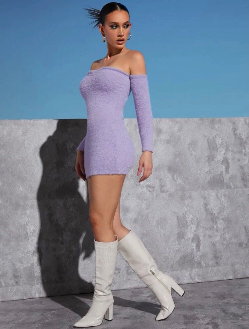 Velvet Winter Fall Mini Dresses SHEIN Lilac Purple Off Shoulder