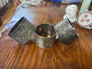 Vintage Antique 3 pcs Silver Plated Intricate Design Napkin Ring - Birds flowers Bamboo Inspired design not cufflinks cuff bracelets