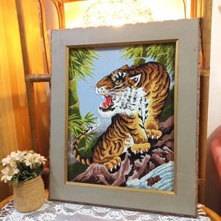 Vintage eclectic framed tiger embroidery wall decor