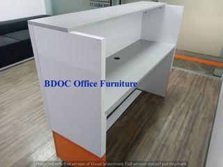 white with  orange lining reception counter /  office partition /  office table /  office chair