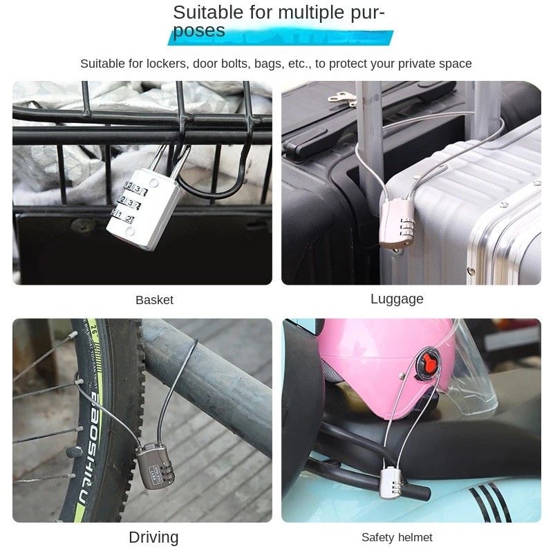 Padlock Rope Connection 24cm long wire rope padlock bicycle padlock digital wardrobe security ...