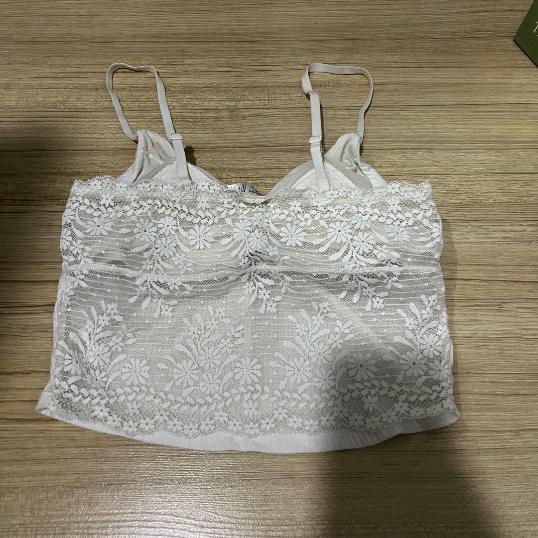 White cami Bralette crop top lace ribbon, Women's Fashion, Tops, Sleeveless  on Carousell