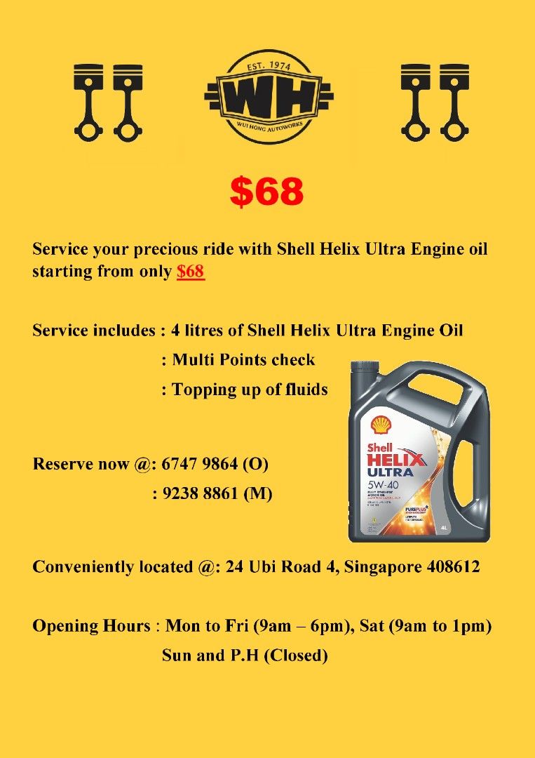 $68 Car Servicing Shell Helix Ultra 5W-30 and 5W-40!