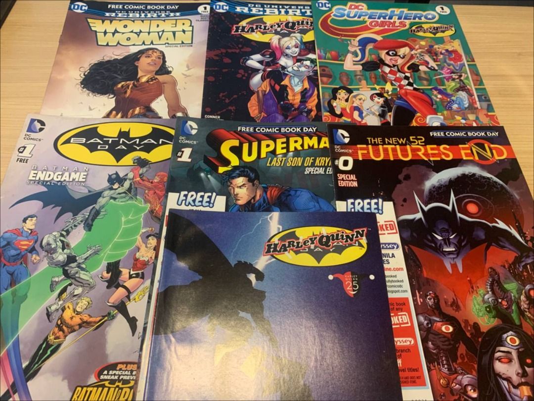 7pcs DC FCBD Comics (Category: Comics & Manga) located in Quezon City. Submitted by notliese (Listing ID 1276054707, Image 1). Description: 7pcs DC FCBD Comics - all brand new never read includes: - FCBD 2017 Wonder Woman #1 - FCBD 2017 Harley Quinn / Batman Day #1 - FCBD 2017 Super Hero Girls Harley Quinn / Batman Day #1 - FCBD 2015 Batman Endgame Batman Day #1 - FCBD 2013 Superman Last Son of Krypton #1 - FCBD 2014 The New F2 Futures End #0 - F