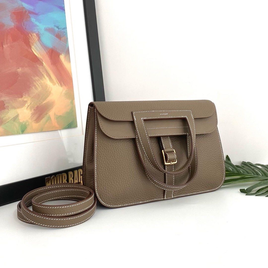 Authentic Hermes Halzan 25 Etoupe Clemence Leather with GHW