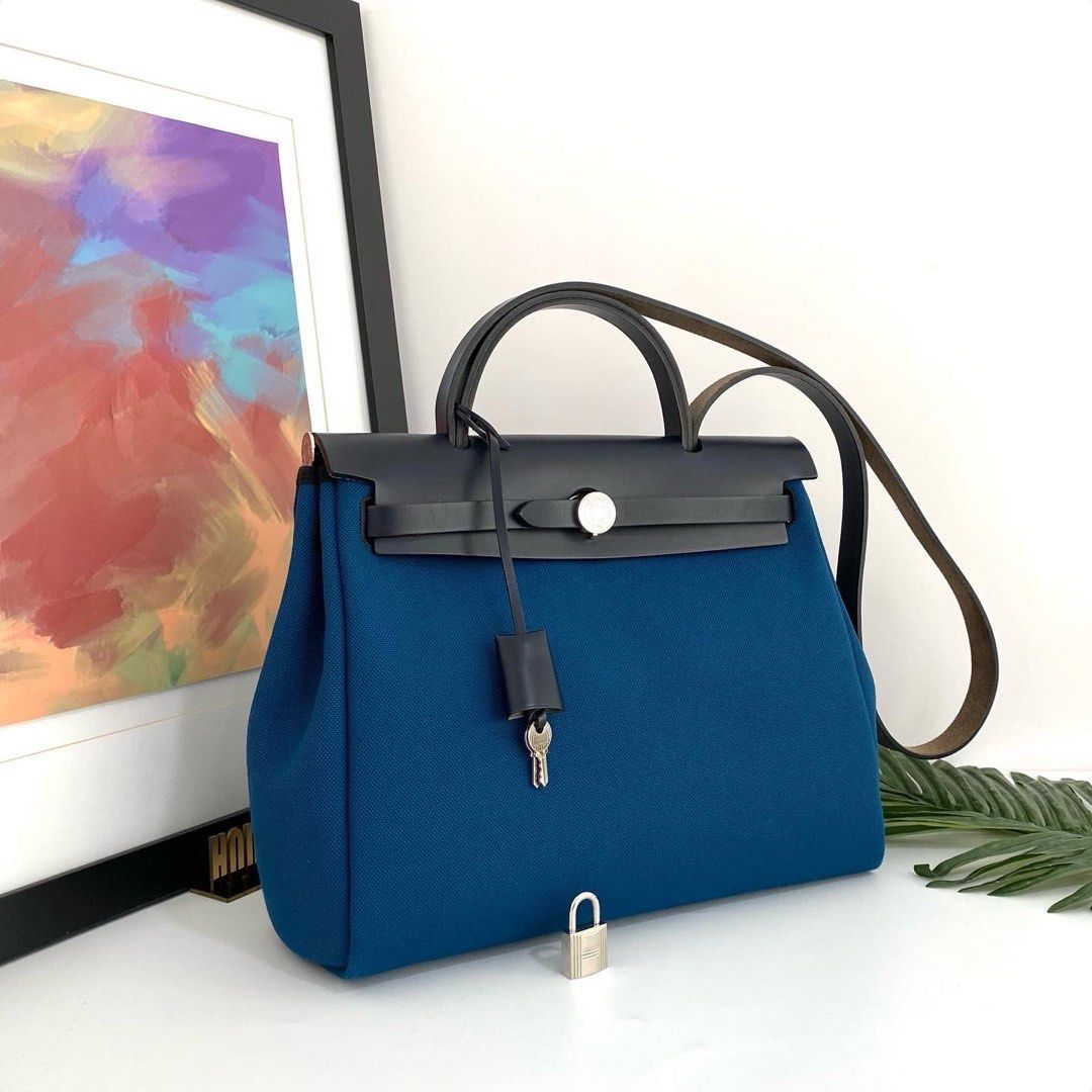 Authentic Hermes Navy Blue Canvas Herbag Zip 31 Shoulder Bag