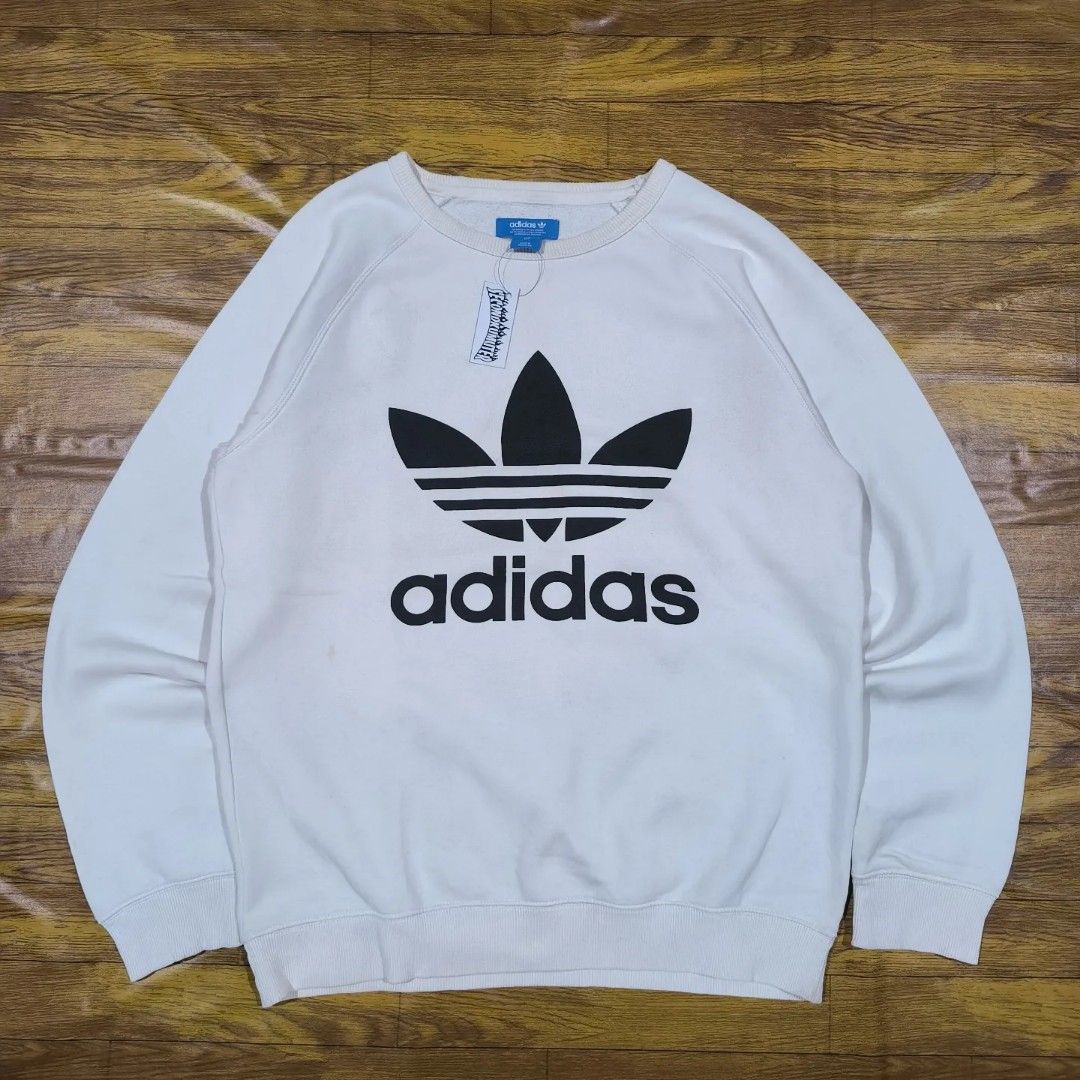 Adidas Trefoil white Crewneck original sweatshirt, Fesyen Pria